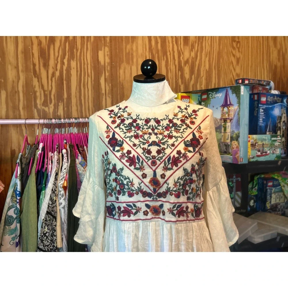 Umgee Boho Floral Embroidered‎ Bell Sleeve Mini Dress Cream Ivory Babydoll Sz S
